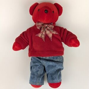 RARE Vtg North American Bear Red Teddy Plush Animal Jeans Bow Tie Stuffed Toy